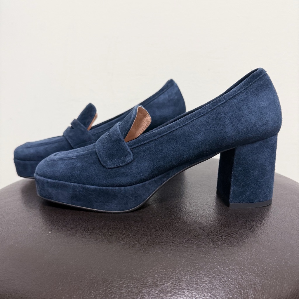 Bibi Lou Navy Blue Suede Leather Platform Block Heel Square Toe Loafers 41